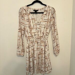 White House Black Market White and Brown Patterned Dress